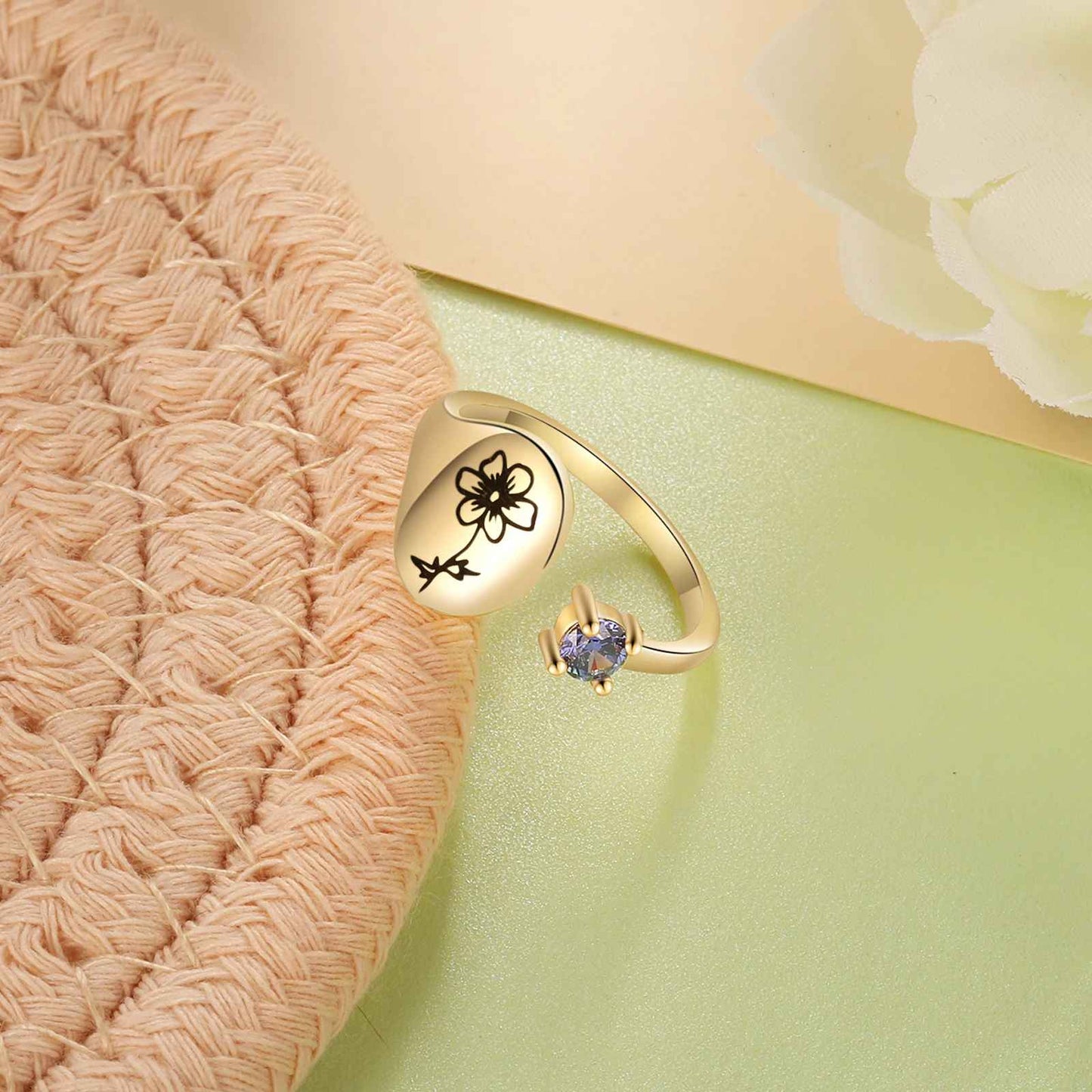 Personalized Engraved Birthflower Ring with Birthstone