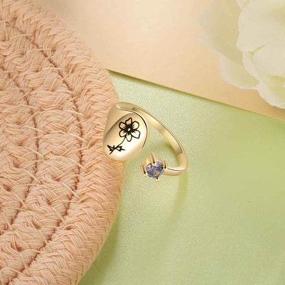 Personalized Engraved Birthflower Ring with Birthstone