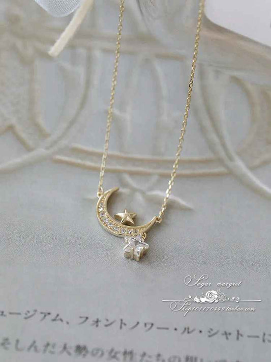 Gold Star Moon Sterling Silver Zircon Necklace