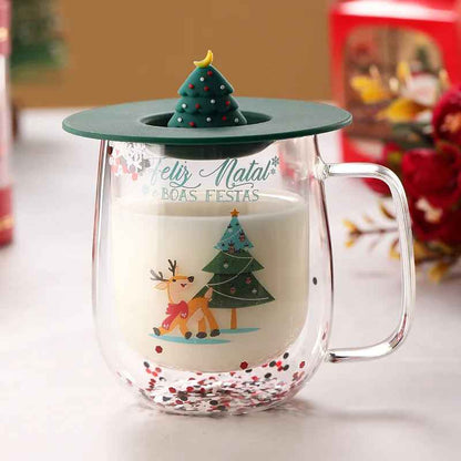 250ml Double Wall Christmas Glass Mug with Lid Handle