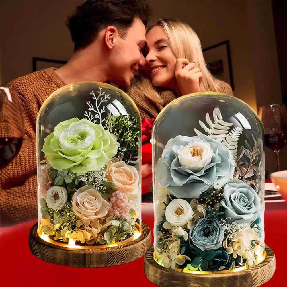 Eternal Preserved Real Infinity Rose Flower Glass Dome with LED Light