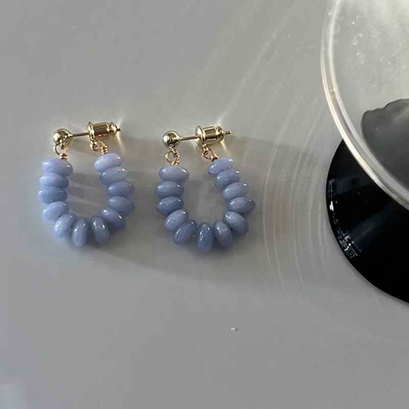 Natural Purple Flat Round Small Stone Hoop Earrings