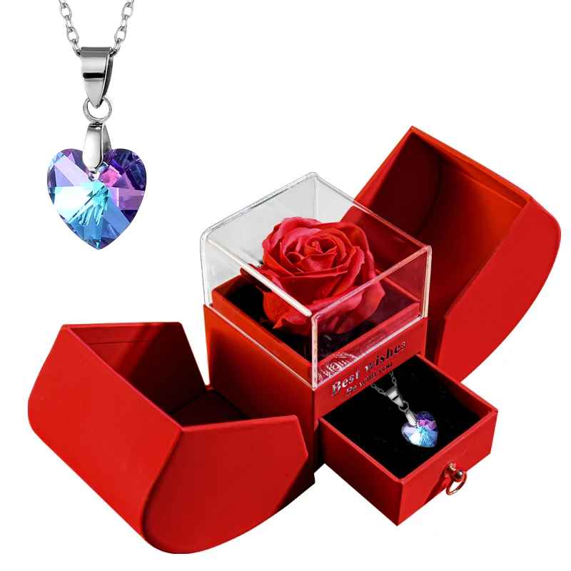 Romantic Eternal Rose Gift Box with Brilliant Gem Necklace