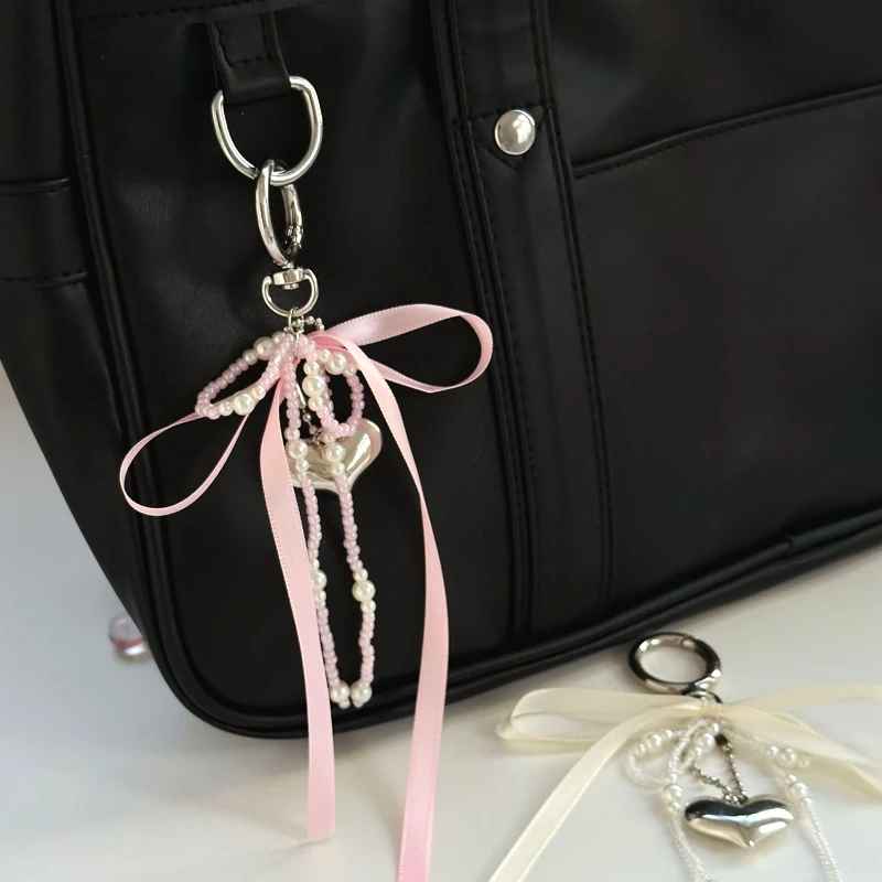 Y2K Charm Pearl Bowknot Bag Pendant Heart Keychain