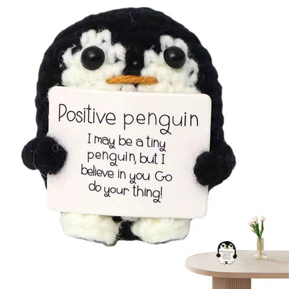 Cute Knitted Crochet Emotional Support Penguin Toy with Positive Card