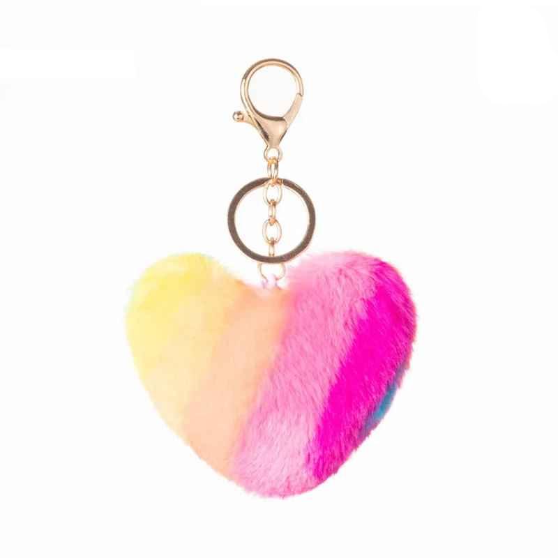 Rainbow Multicolor Heart Pompoms Keychain