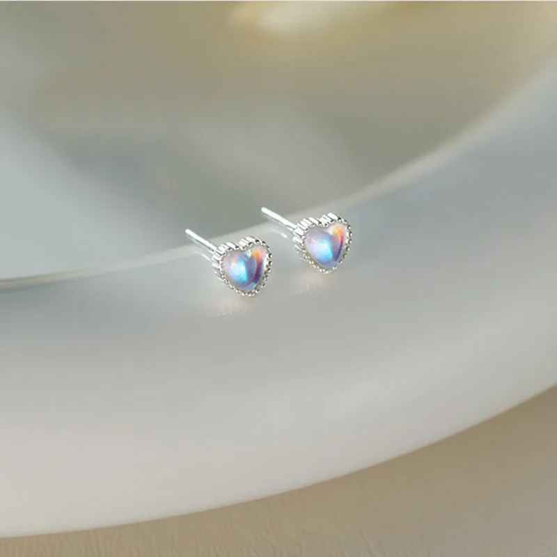 Simple Sterling Silver Moonlight Stone Love Heart Stud Earrings