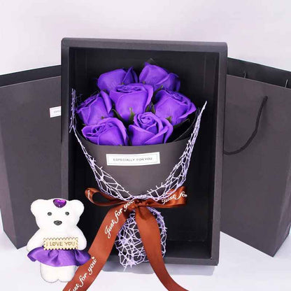 7 Artificial Roses Bouquet with Little Bear Gift Box