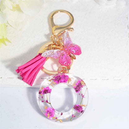 Exquisite Pink Dry Flower Resin A to Z Initial Keyring – Keychain with Butterfly Tassel