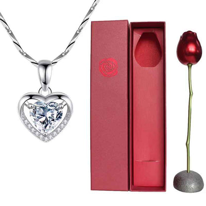 Sleek Love Heart Necklace with Rose Jewelry Gift Box