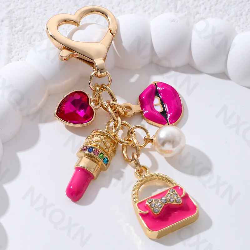 Pretty Rose Pink Bag Lips Flamingos Lipstick Enamel Keychain