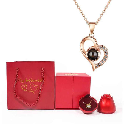 Romantic Heart Copper Projection Necklace with Rose Gift Box