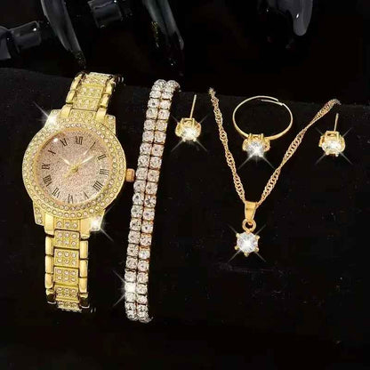 Women's Luxury Alloy Rhinestone Crystal Quartz Wristwatch Jewelry Set