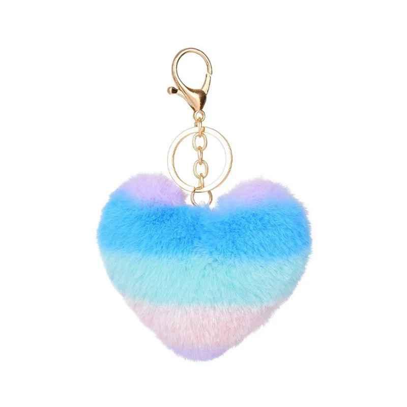 Rainbow Multicolor Heart Pompoms Keychain