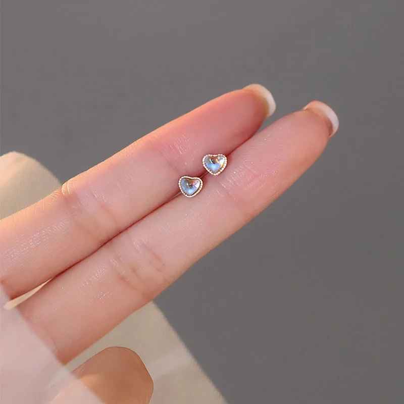 Simple Sterling Silver Moonlight Stone Love Heart Stud Earrings