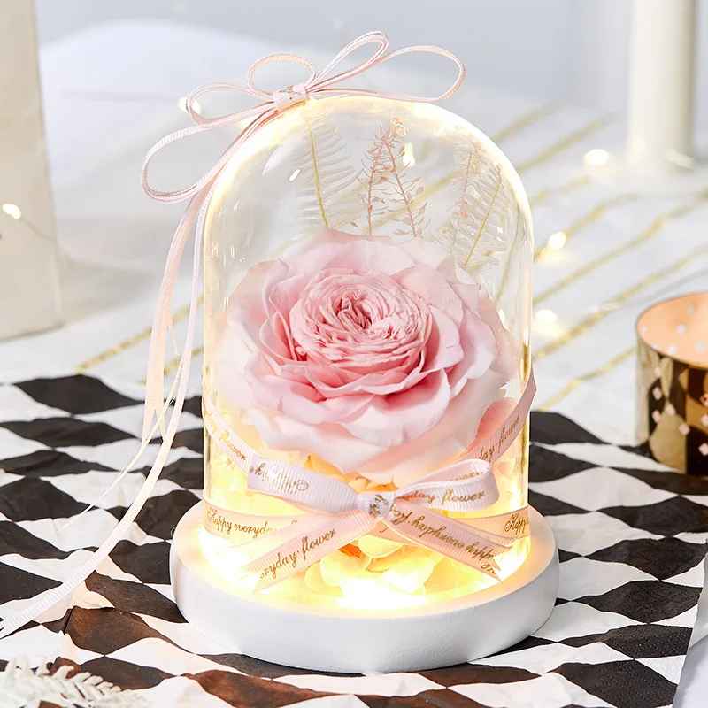 Romantic Artificial Preserved Rose in Glass Dome with LED Light