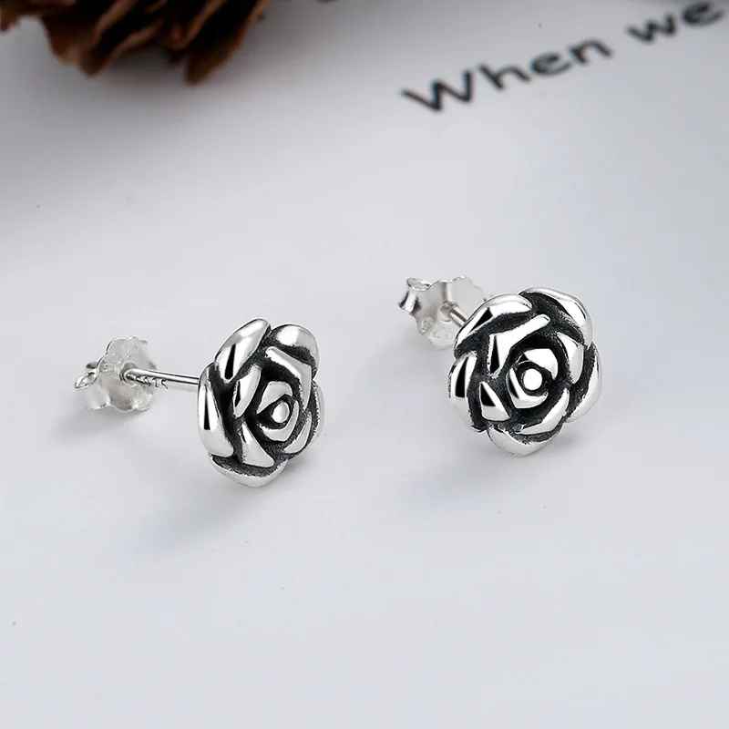 Vintage Sterling Silver Rose Flower Stud Earrings