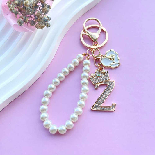 A-Z 26 Initial Rose Crystal Pearl Keychain