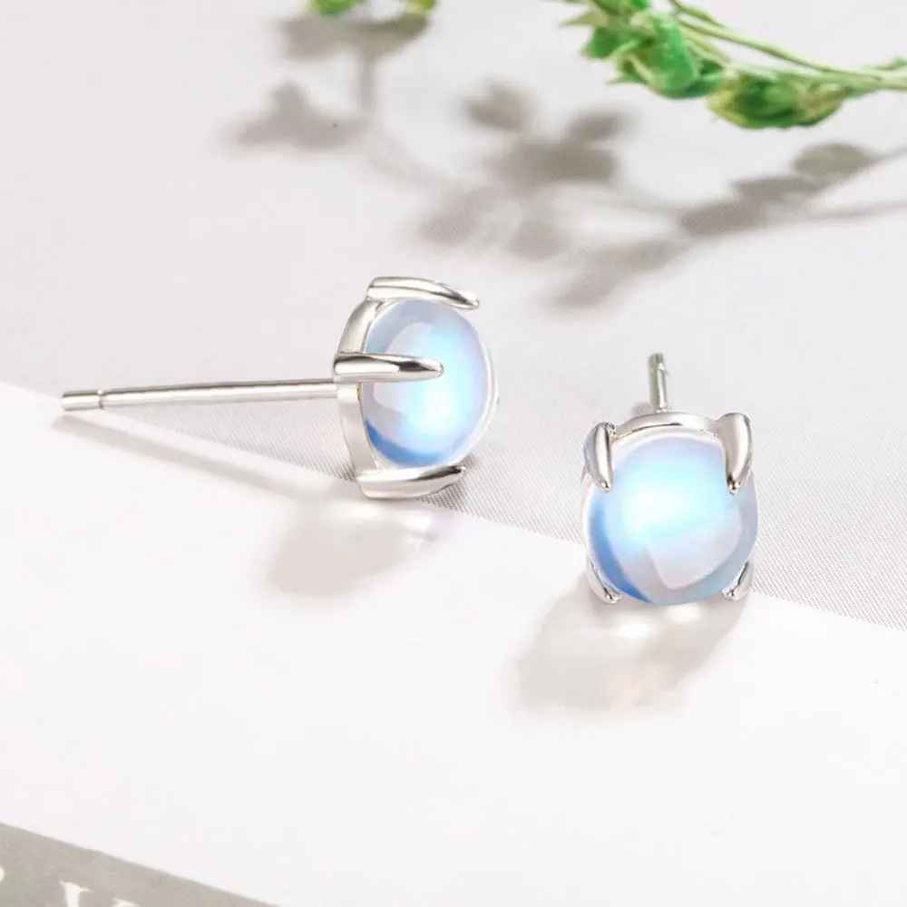 Sterling Silver Round Moonstone Crystal Stud Earrings