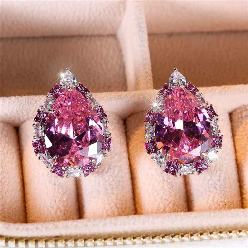 Luxury Crystal Big Pink Zircon Stone Stud Earrings