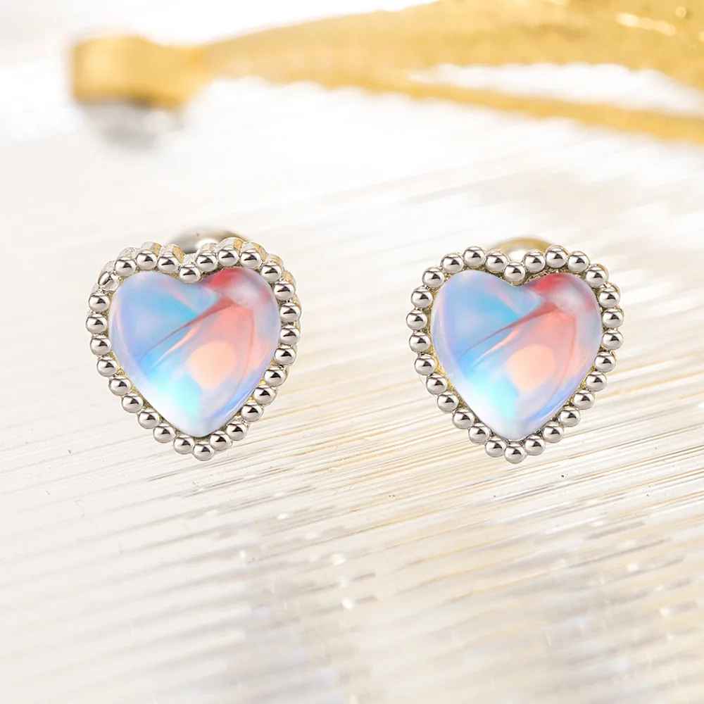 Moonstone Crystal Heart Stud Earrings