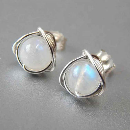 Small Round Boho Cute Moonstone Stud Earrings