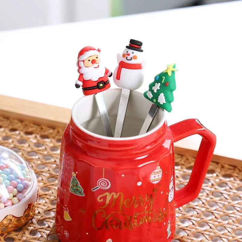 Christmas Ceramic Mugs with Lid and Spoon