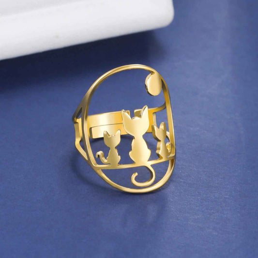 Three Sitting Cats Full Moon Adjustable Ring