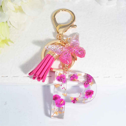 Exquisite Pink Dry Flower Resin A to Z Initial Keyring – Keychain with Butterfly Tassel