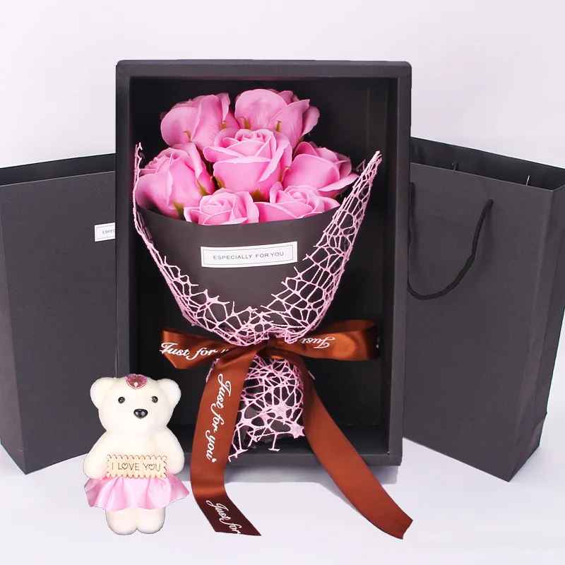 7 Artificial Roses Bouquet with Little Bear Gift Box