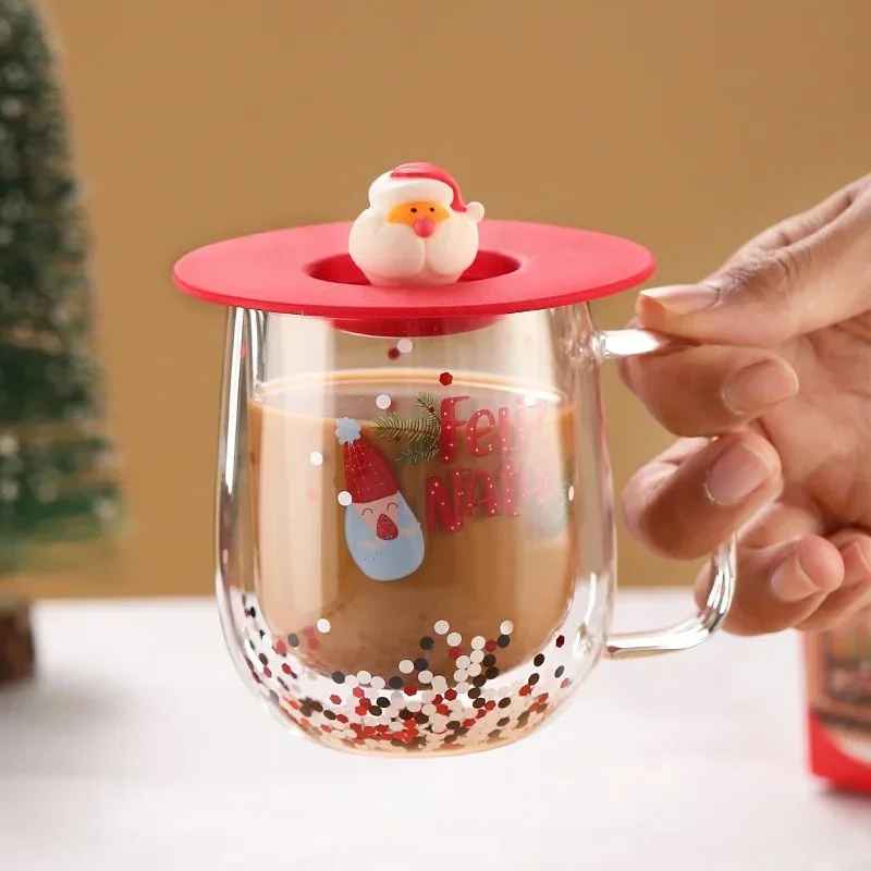 250ml Double Wall Christmas Glass Mug with Lid Handle