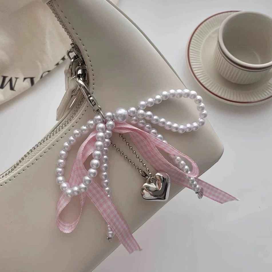 Lattice Ribbon Bowknot Pearls Heart Keychain