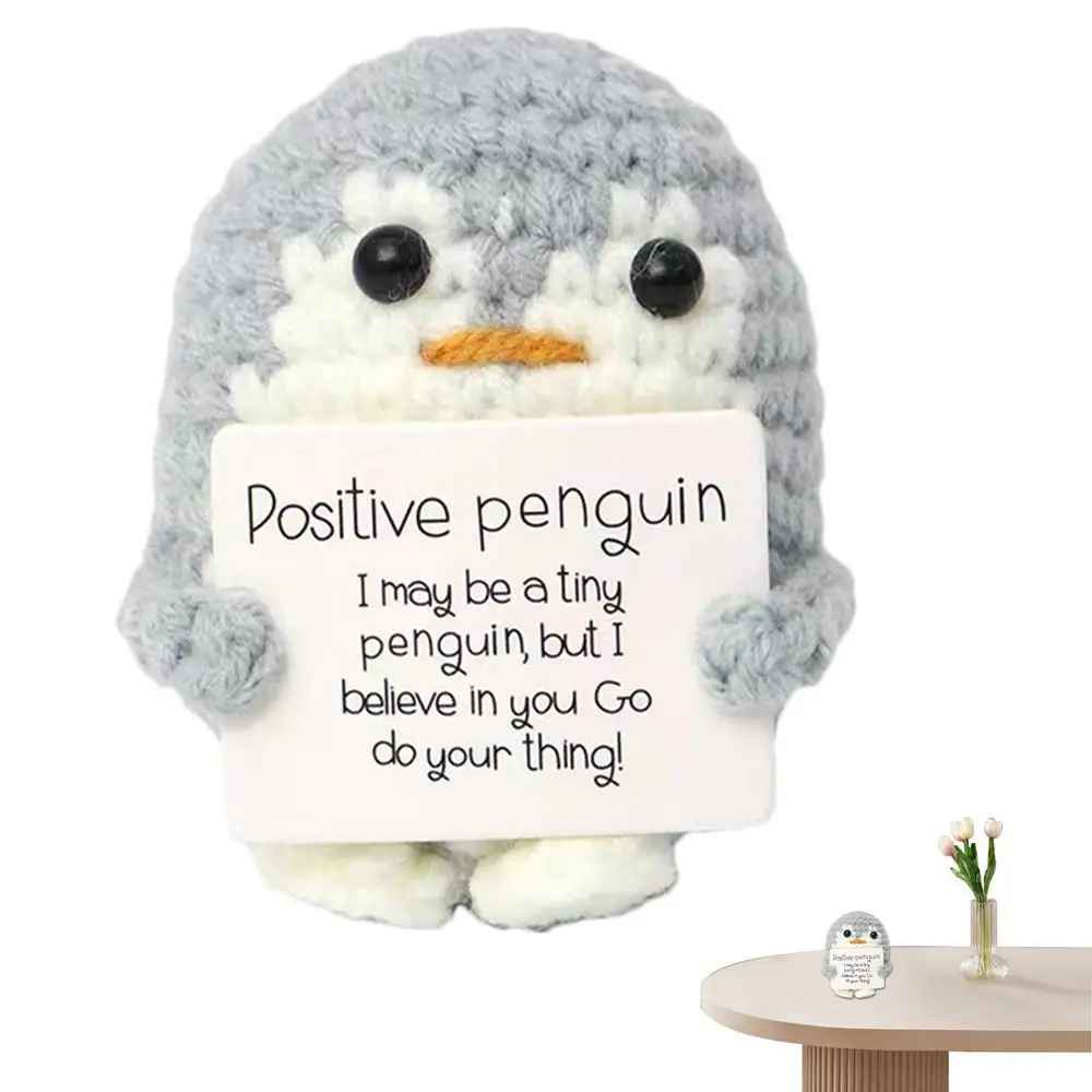 Cute Knitted Crochet Emotional Support Penguin Toy with Positive Card