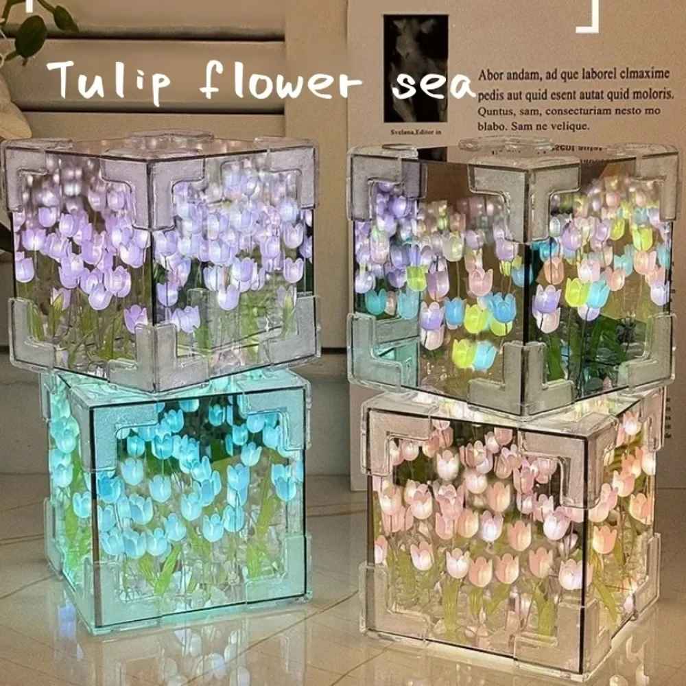 DIY Tulip Flower Mirror Cube Night Light