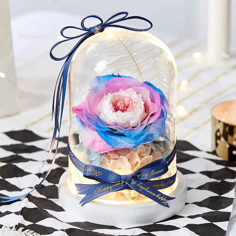 Romantic Artificial Preserved Rose in Glass Dome with LED Light