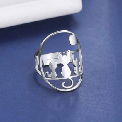 Three Sitting Cats Full Moon Adjustable Ring