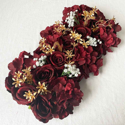 Elegant 50CM Wedding Arch Silk Flower Backdrop Wall - Burgundy Rose, Silk Peonies, and Golden Leaf Table Centerpiece