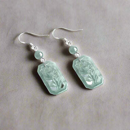 Silver Jadeite Blue Water Rose Earrings