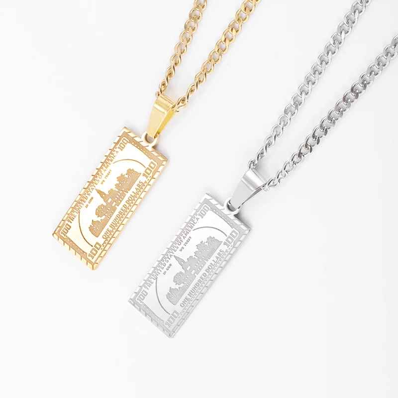 100 Dollar Bill Design Stainless Steel Necklace