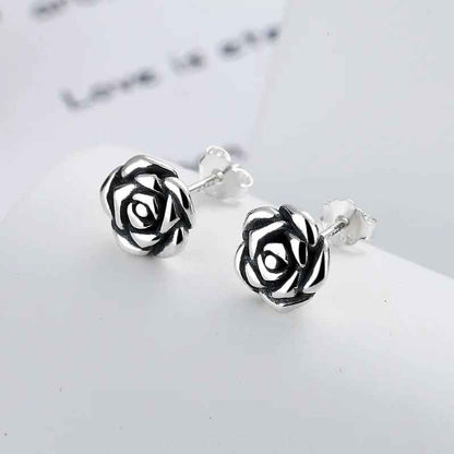 Vintage Sterling Silver Rose Flower Stud Earrings