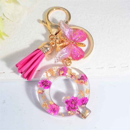 Exquisite Pink Dry Flower Resin A to Z Initial Keyring – Keychain with Butterfly Tassel