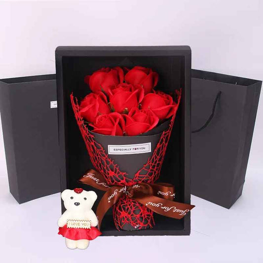 7 Artificial Roses Bouquet with Little Bear Gift Box