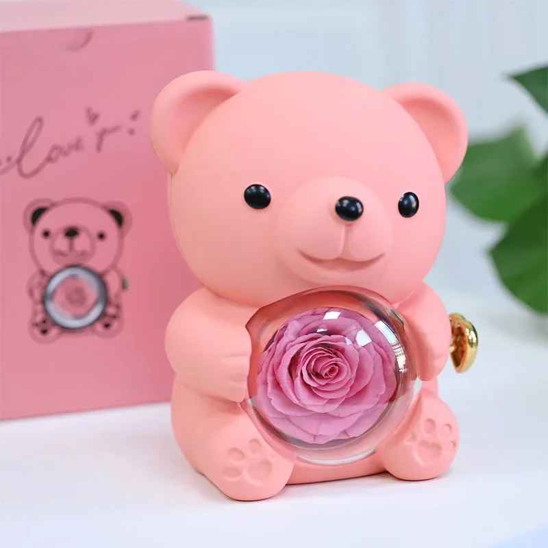 Cute Bear Spinning Eternal Rose Flower Gift Box