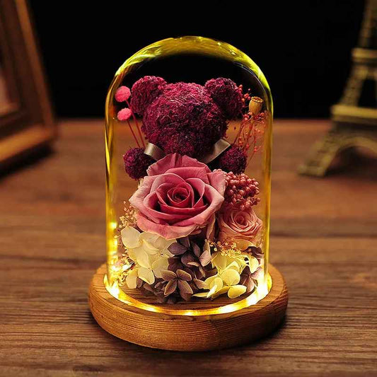 Eternal Artificial Teddy Rose Flower in Glass Dome