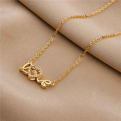 Cute Gold Color Love Letter Crystal Heart Pendant Necklace