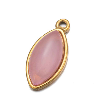 5pcs Stainless Steel Pink Quartz Water Drop Round Shape Pendants