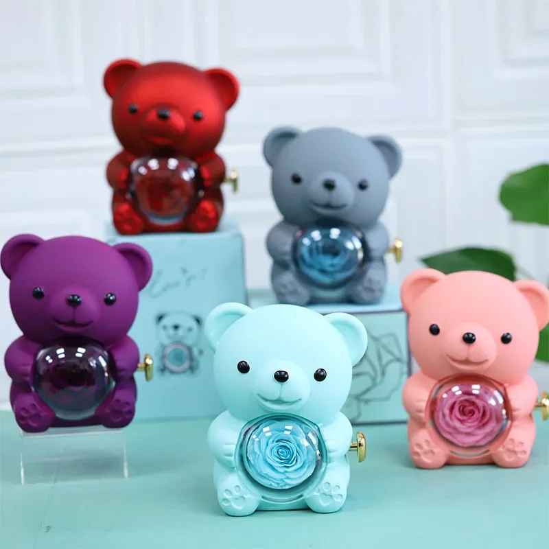 Cute Bear Spinning Eternal Rose Flower Gift Box