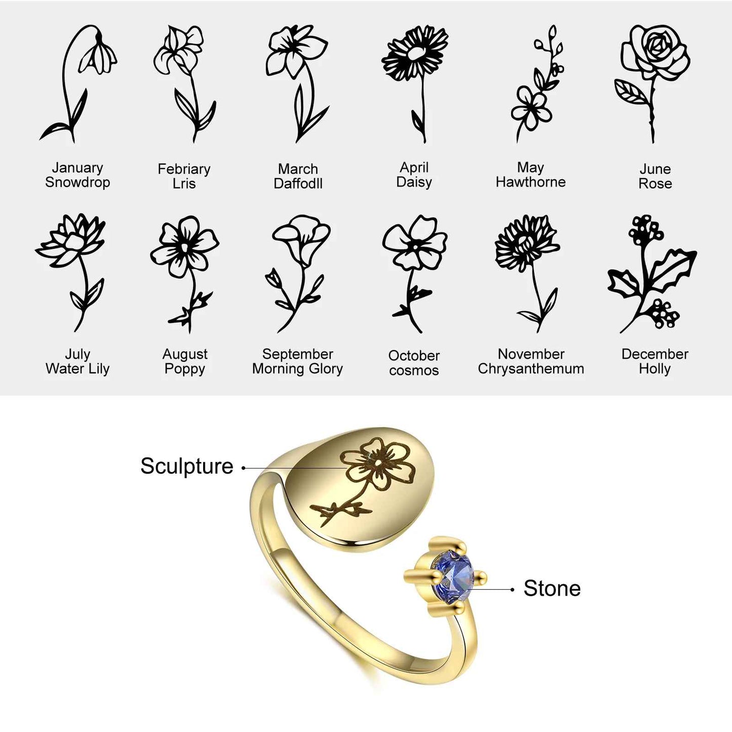 Personalized Engraved Birthflower Ring with Birthstone