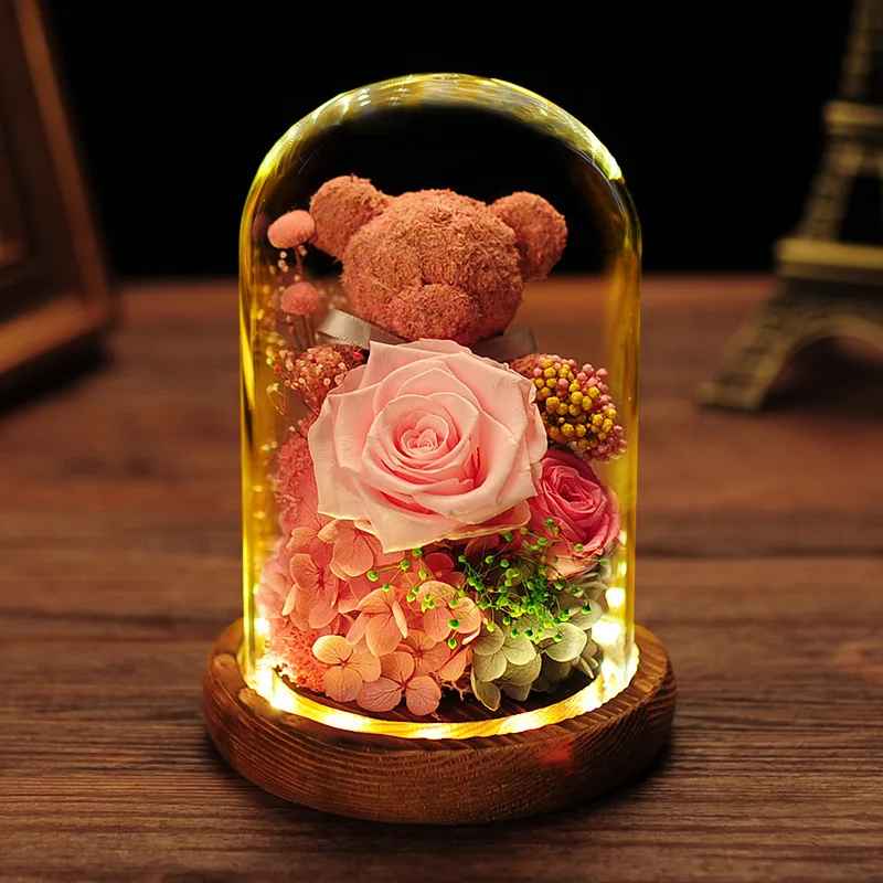 Eternal Artificial Teddy Rose Flower in Glass Dome