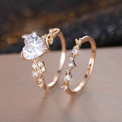 Luxury Brilliant Stone Heart Ring with Rose Gold Zircon Band Set